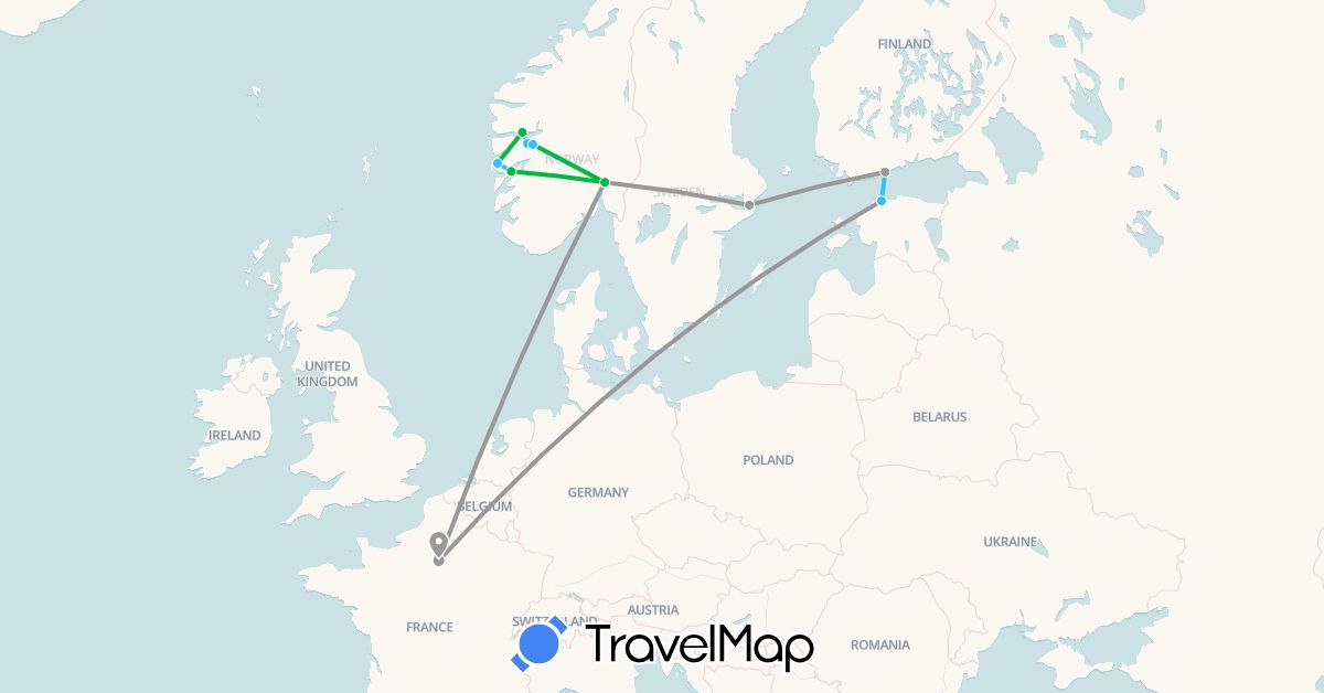 TravelMap itinerary: driving, bus, plane, boat in Estonia, Finland, France, Norway, Sweden (Europe)